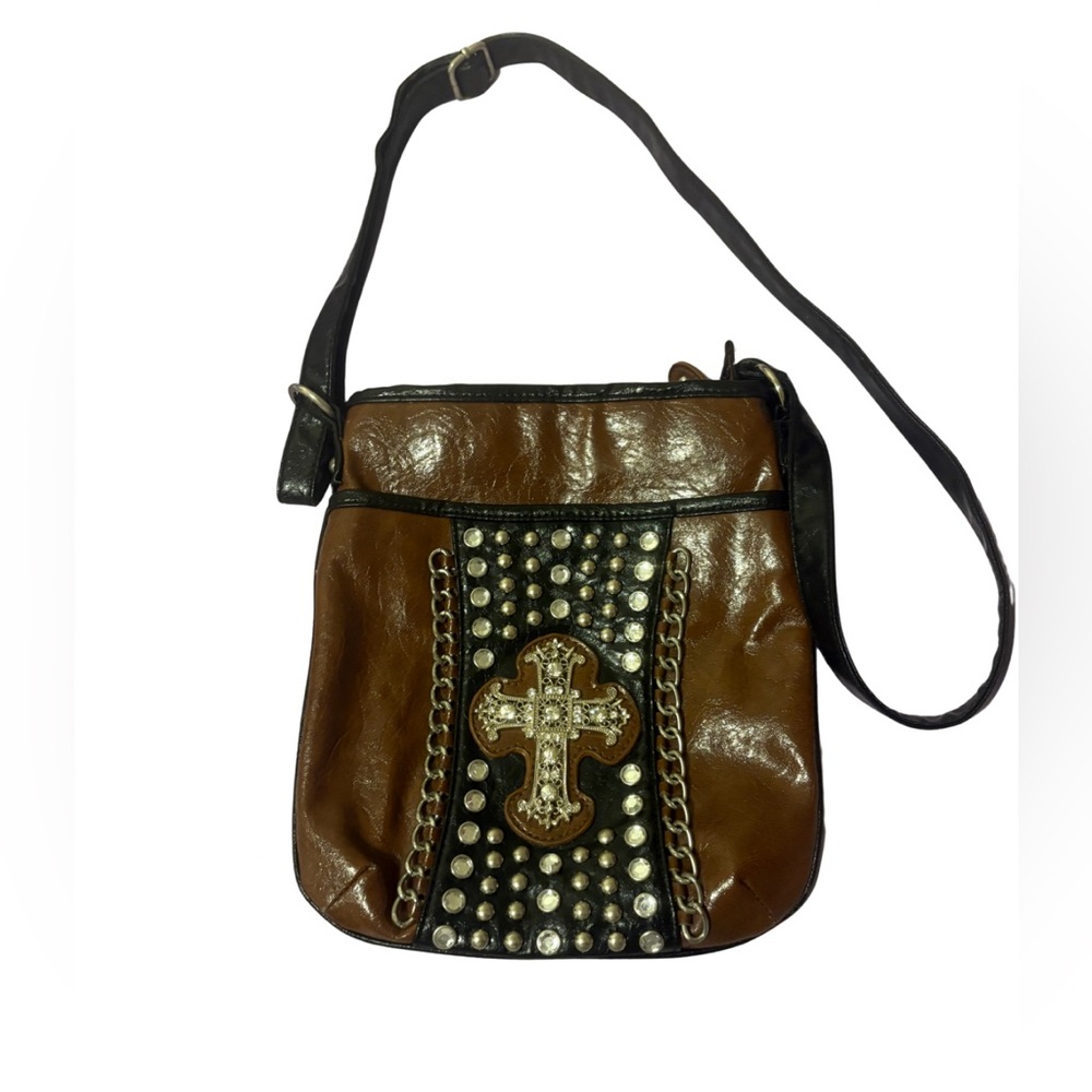 Brown and Black Crossbody Bag with Studded Cross Design.